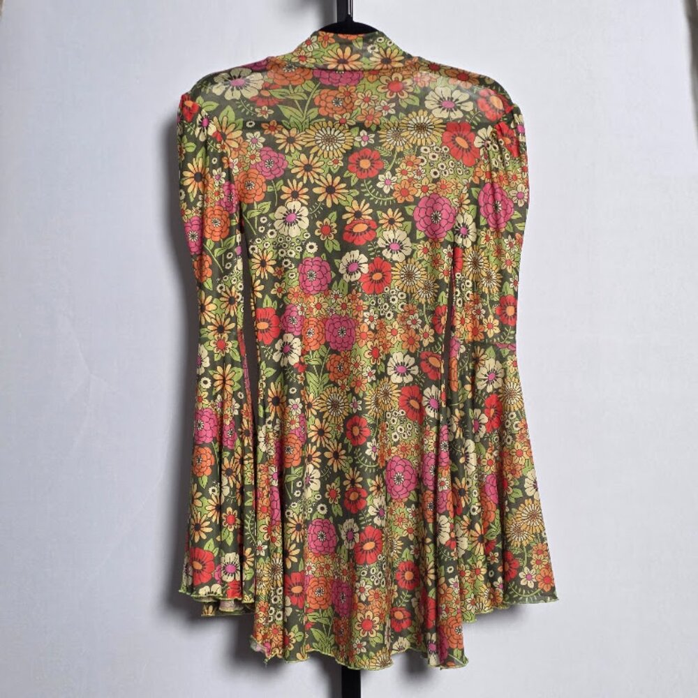 Sugar Thrillz Mesh Mini Dress Small Retro Floral 70s Bell Sleeve Mock Neck Dolls - Picture 5 of 6
